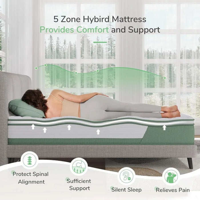 12 Inch 5-Zone Hybrid Mattress with Gel Memory Foam for Pressure Relief & Cool Sleep, Midume Firm Queen Mattress in A Box