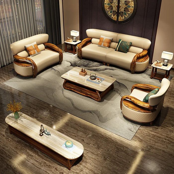 Black gold wood leather sofa new style large and small house type solid wood modern light luxury living room sofa