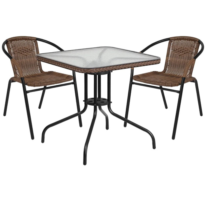 BOUSSAC 28'' Square Glass Metal Table with Gray Rattan Edging and 2 Gray Rattan Stack Chairs,Garden Furniture Sets