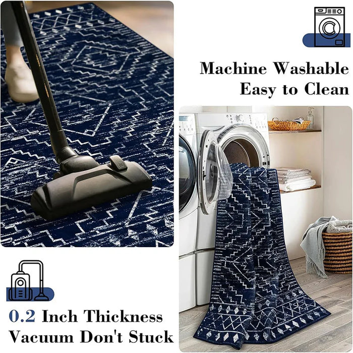 Bohemian Carpet for Living Room Decoration Navy Blue Ethnic Rug Bedroom Bedside Area Rugs Machine Washable Non-slip Floor Mat