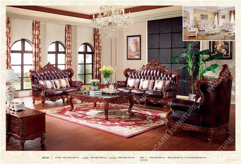 European genuine leather solid wood carved luxury sofa set living room furniture living room sofas