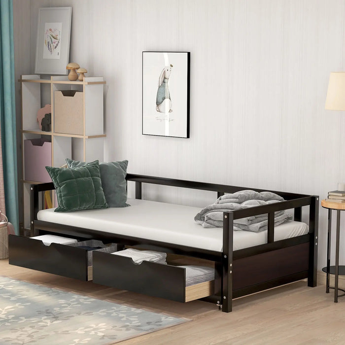 Wooden Daybed with Trundle Bed and Two Storage Drawers ,Extendable Bed Daybed,Sofa Bed for Bedroom Living Room
