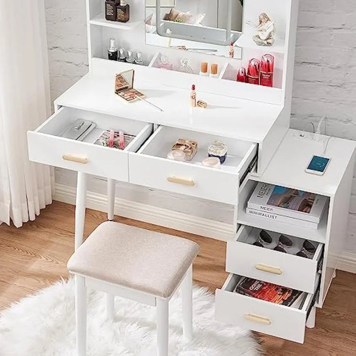 BEWISHOME Vanity Desk, White Vanity with Charging Station & Nightstand, Makeup Desk Makeup Vanity with Lights with 3