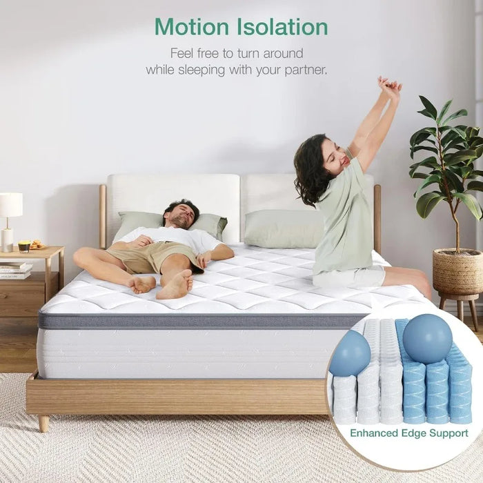 King 12 Inch Hybrid Mattress with Bamboo Charcoal Foam, Innerspring Pillow Top Mattress for Pressure & Pain Relief, Soft Feel