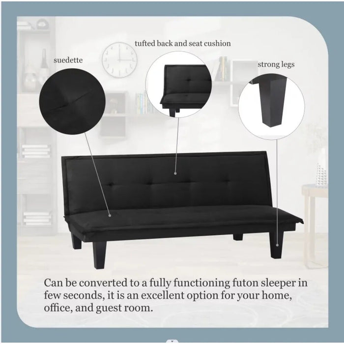 Futon Sofa Bed , 63.8'' Black Faux Suede Convertible Sofa Couch for Living Rooms, Apartments, And Offices,Living Room Sofas