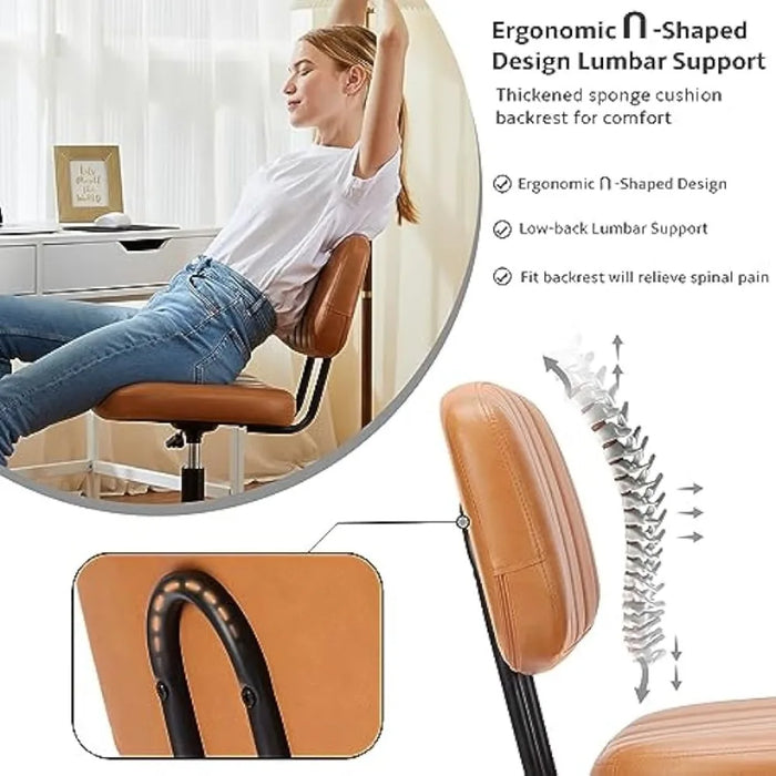 Brown Office Chair Armless Home Office Desk Chair With PU Leather Low Back Lumbar Support and Wheels Free Shipping Chairs Swivel