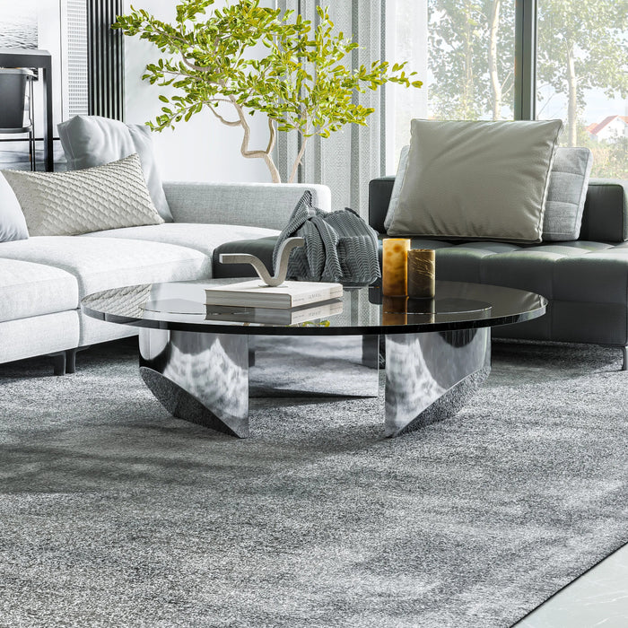 Round Glass Wedge Coffee Table with Heavy Duty Polished Steel Legs Support for Living Room Home Office