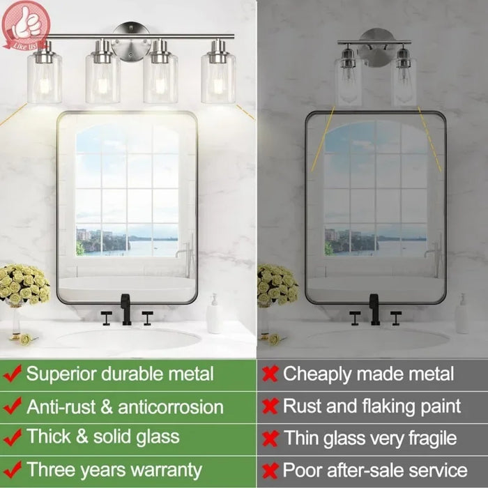 4-Light Bathroom Light Fixtures, Brushed Nickel Modern Vanity Lights Over Mirror with Clear Glass Shade, Bathroom Wall Lamp for