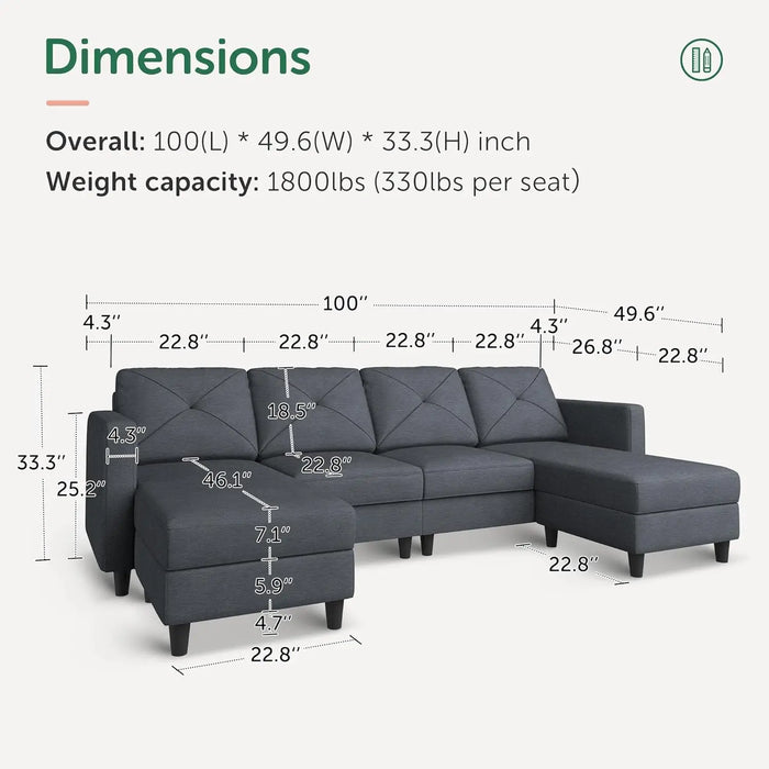 Convertible Sectional Sofa U Shaped Couch 4 Seat Sofa with Double Chaises for Living Room/Bedroom