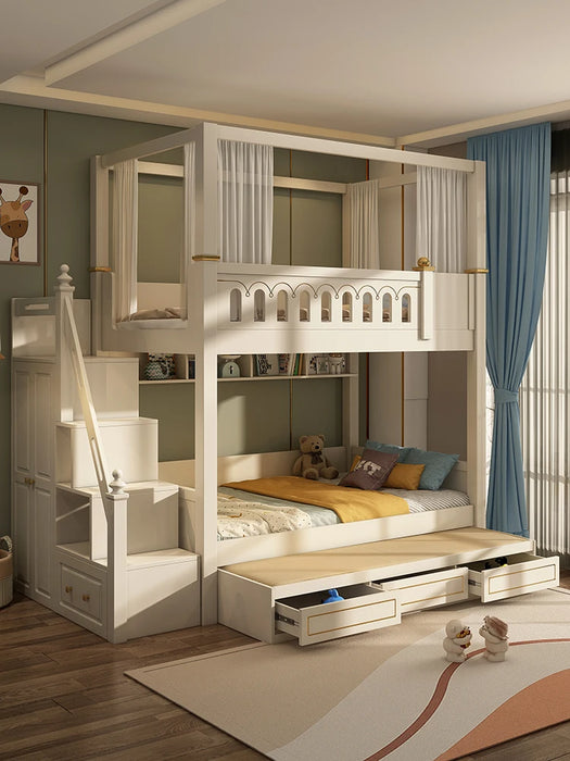 Double layered bed with the same width, full solid wood high and low bed, small unit rubber children's bed