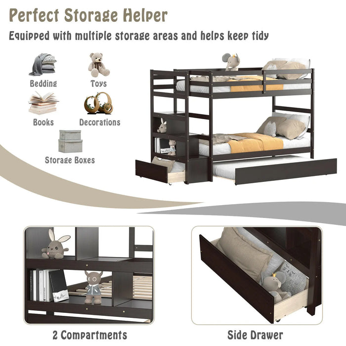 Twin Over Twin Bunk Bed with Trundle Stairway and Storage Shelf Drawer Espresso
