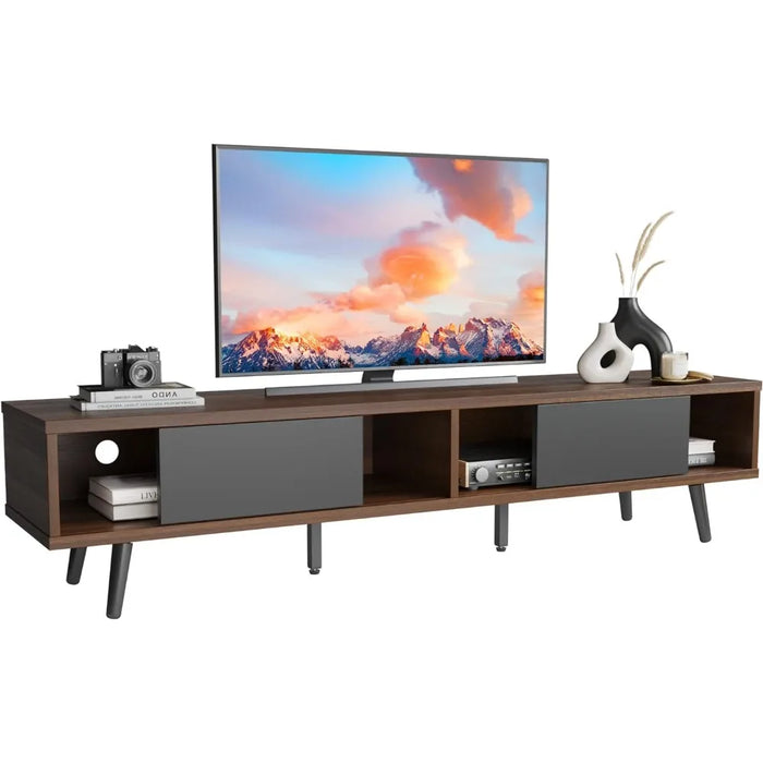 Low Profile TV Stand With Storage Living Room Tv Cabinet Cord Management Walnut Entertainment Center for Living Room Furniture