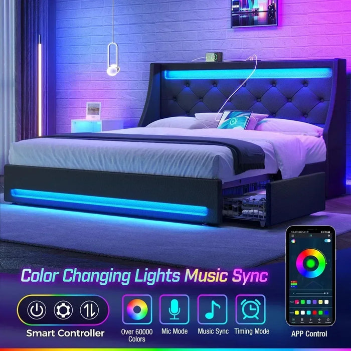 Bedroom bed frame with LED lights and charging station, easy-to-assemble upholstered with drawers, bedroom bed frame