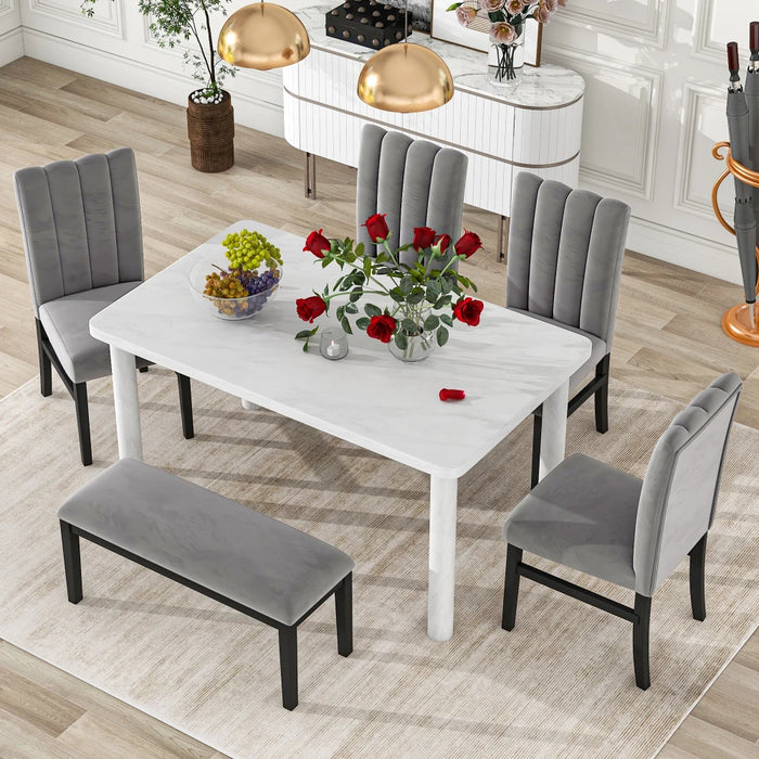6-Piece Dining Table Set with Marble Veneer Table and 4 Flannelette Upholstered Dining Chairs & Bench