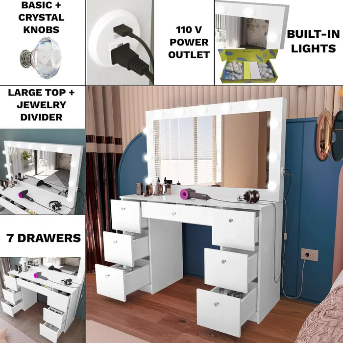 Yara Makeup Vanity Desk with Hollywood Vanity Mirror with Lights 7 Drawers, Non- Glass Top Vanity, Crystal Knobs