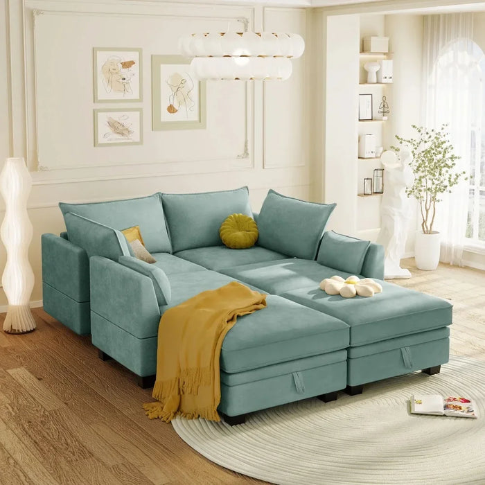 115" Large U/L Shaped Sectional Sofa with Storage Seat and Removable Cushions, Green, 6 Seat Convertible Couch Sleeper Bed