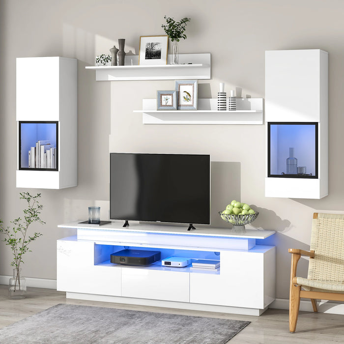5 Pieces Floating Functional TV Stand Set for 75+ in. TV, Wall Mounted Entertainment Center with 16-color LED Light Strips