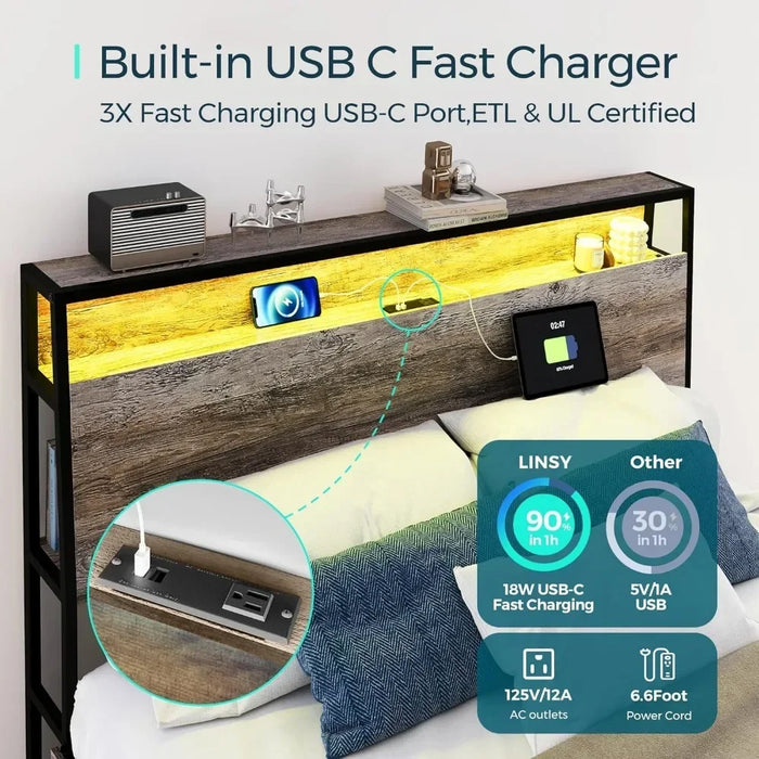 Bed FrameBed Frame with 4 drawers and headboard, Bed Frame with RGB lights and fast charger with storage