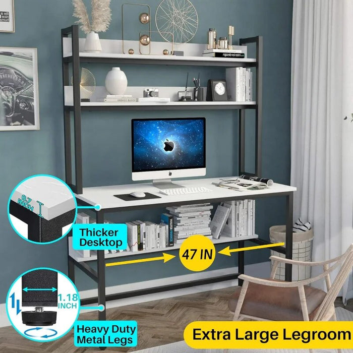 Aquzee Computer Desk with Hutch and Bookshelf, 47 inch Wide White Home Office Desk with Space Saving Design