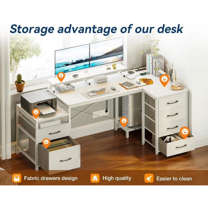 KKL L Shaped Computer Desk with File Drawers & 3 Power Outlets & 2 USB Ports, 72 Inch Home Office Desk with Printer Cabinet & Mo