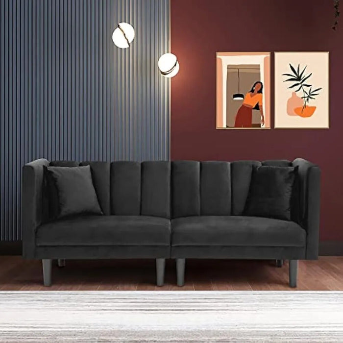 Bed Convertible Velvet, Modern Sleeper Sofa with 2 Pillows, 3 Adjustable Angles for Backrest, Living Room Couch, Black