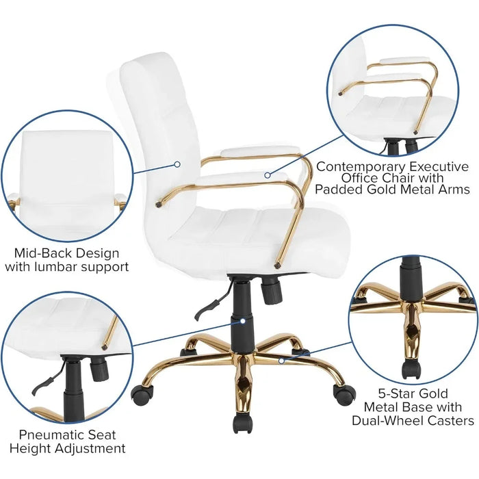 Computer Office Chair Cover Mid-Back Desk Chair - White LeatherSoft Executive Swivel Office Chair With Gold Frame Furniture