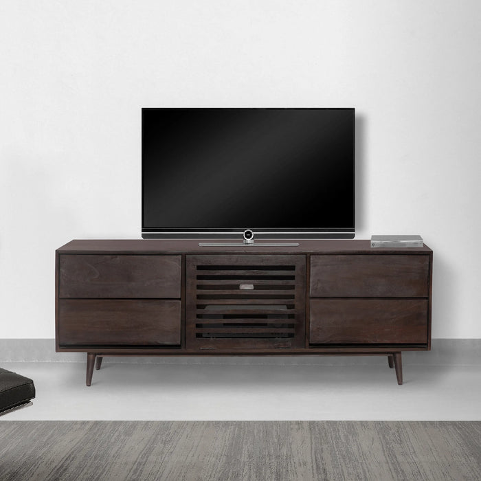 64 Inch TV Cabinet with 4 Drawers and Wooden Frame, Walnut Brown On-Site