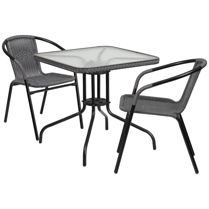 BOUSSAC 28'' Square Glass Metal Table with Gray Rattan Edging and 2 Gray Rattan Stack Chairs,Garden Furniture Sets