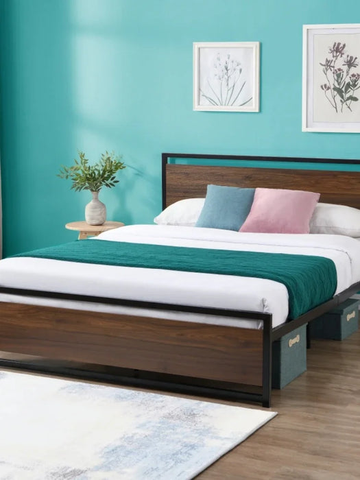 Industrial style platform large bed frame, with headboard and foot board, single bed, comfortable double bed, frame bed