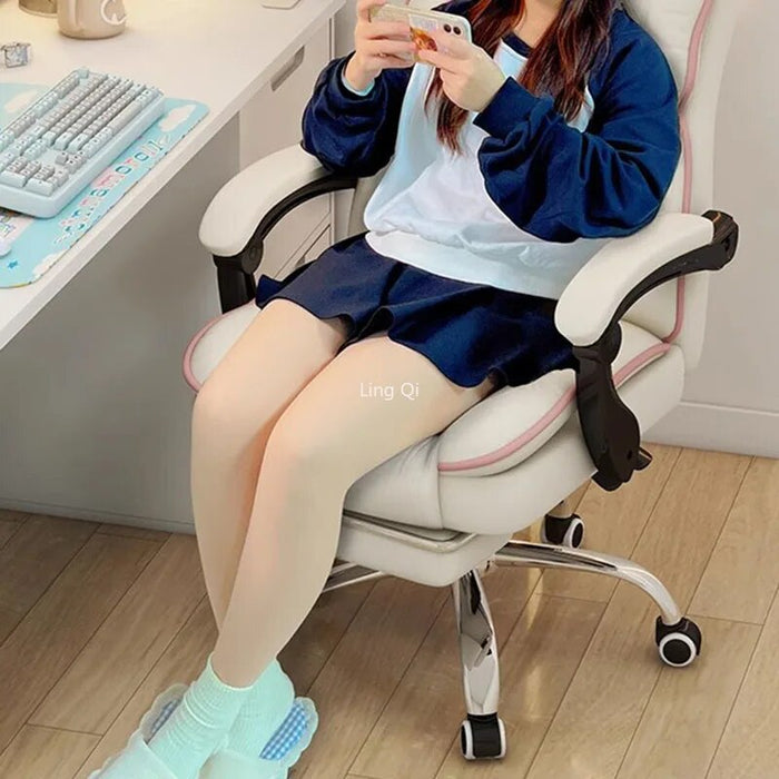Modern Computer Office Chair White Bedroom High Back Long Sitting Armchair Elastic Steel Pulley Silla Gamer Furniture Decoration