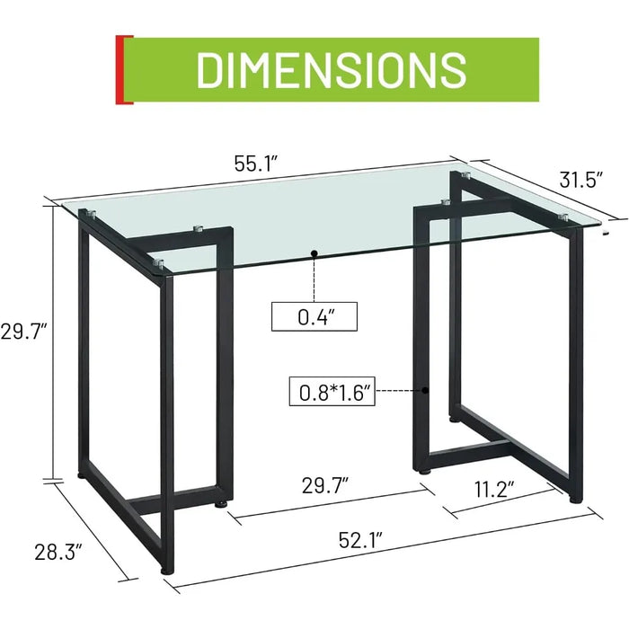 47" Modern Rectangular Dining Table with Spacious Tempered Glass Tabletop & Black Legs Elegant for Home Kitchen Restaurant