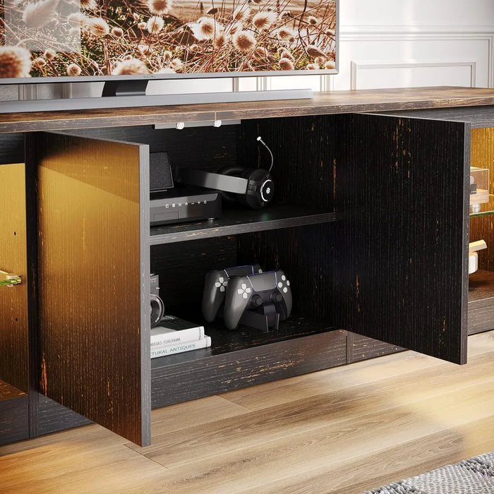 70 Inch Led TV Stand for 75 Inch TV Adjustable Glass Shelves Two Cabinets TV Console for Living Room,Golden Black