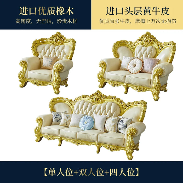 European style top layer cowhide sofa, luxurious palace, all solid wood carving and flower furniture, luxurious