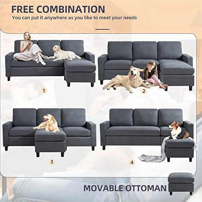 Convertible Sectional Sofa Couch, Modern Linen Fabric L-Shaped , 3-Seat Sofa Sectional with Reversible Chaise  (Dark Grey)