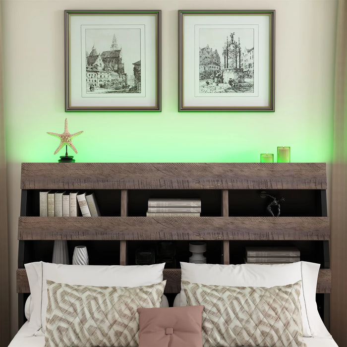 Bedroom Sets Mid Century Modern Style Queen Bed Frame with Bookshelf&LED Lights&USB Port Walnut Black[US-W]