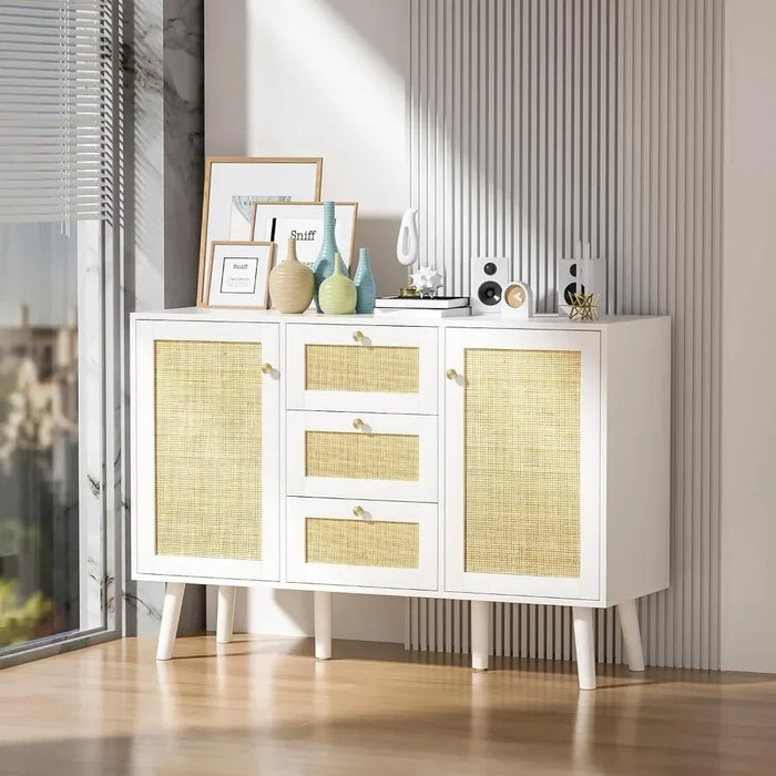 White Buffet Cabinet Living Room Rattan Door Sideboard Kitchen Cabinet With Drawers and Shelves Cabinets Locker Display