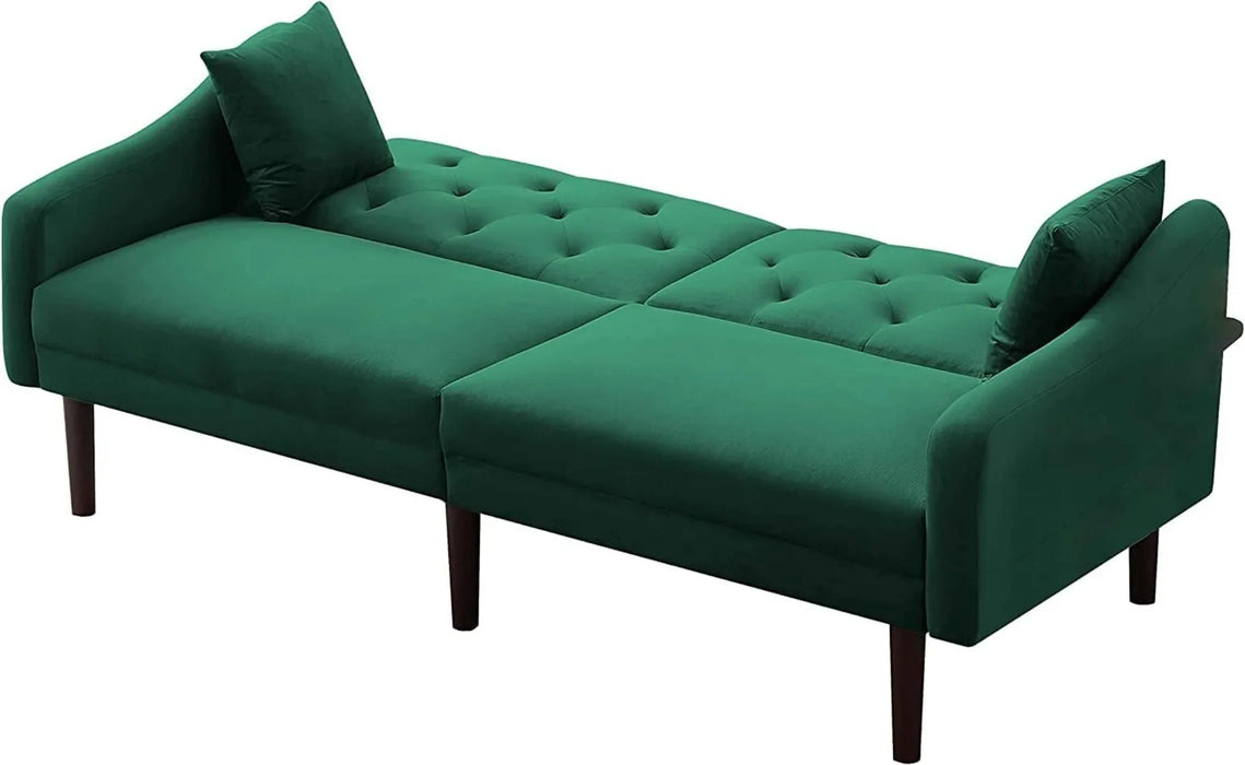DNYN Convertible Sleeper Futon Sofa with 2 Pillows, Velvet Tufted Couch w/Metal Legs and Adjustable Backrest, Green