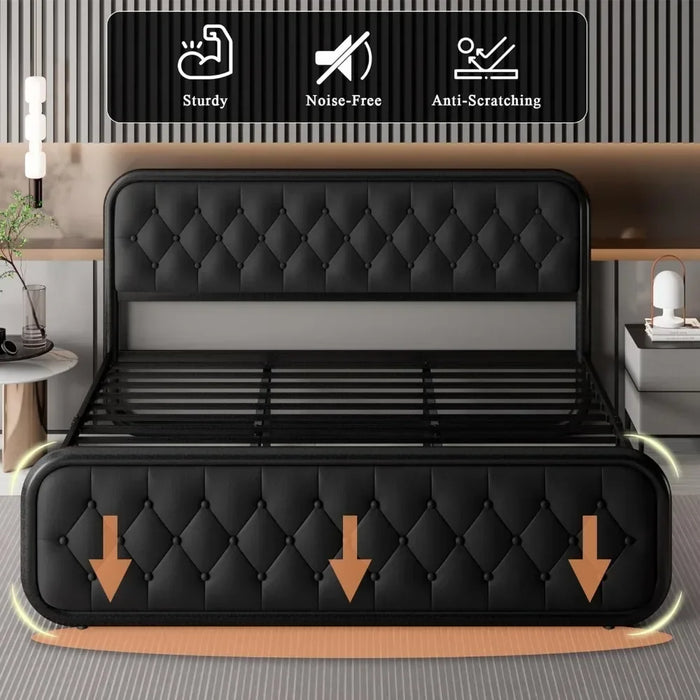 Bed frame Heavy-duty bed frame with faux leather headboard Bedroom furniture 12" under-bed storage Black platform bed