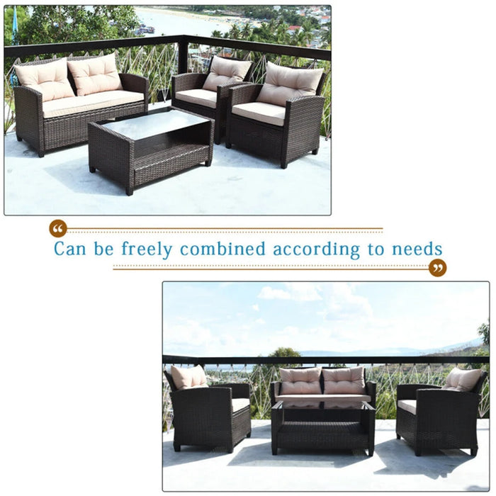 4 Pieces Patio Rattan Conversation Furniture Set with Glass Top Coffee Table Garden Outdoor Sets