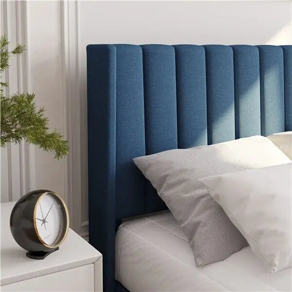 Classic Upholstered Bed Frame Mattress Foundation with Wing Edge Headboard Queen