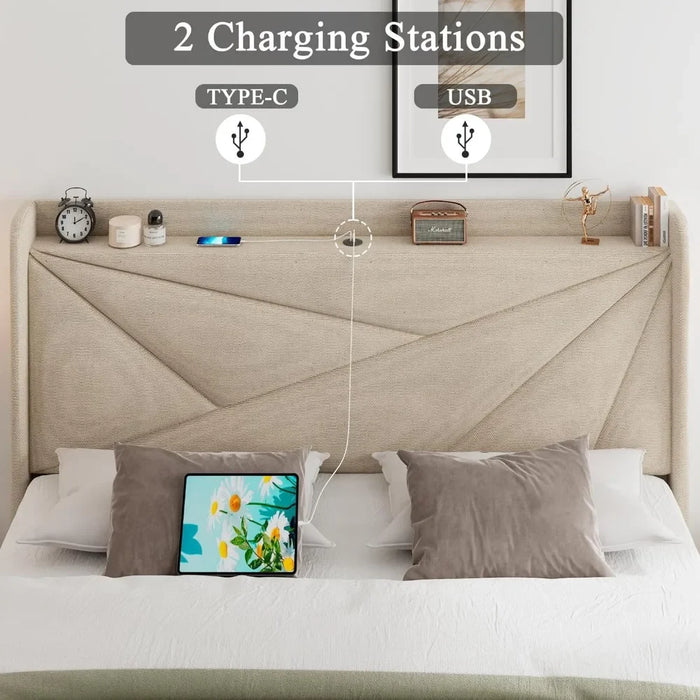 King-size Bed Frame With C-shaped And USB Ports, Padded Platform Bed Frame With Wingback Storage Headboard