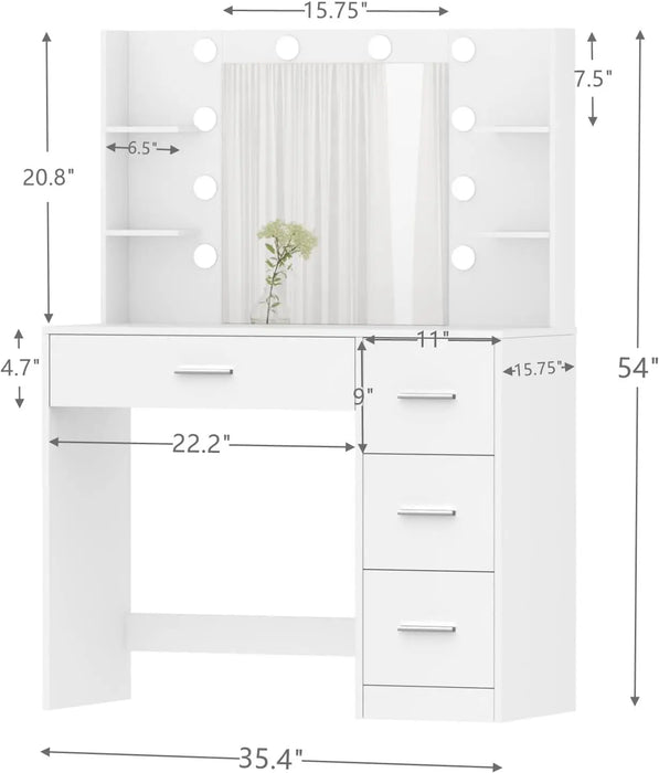 Vanity Desk, Makeup Vanity with 10 LED Lights & 4 Drawers,Brightness Adjustable, Dressing Table Desk with 6 Shelves,Vanity Table