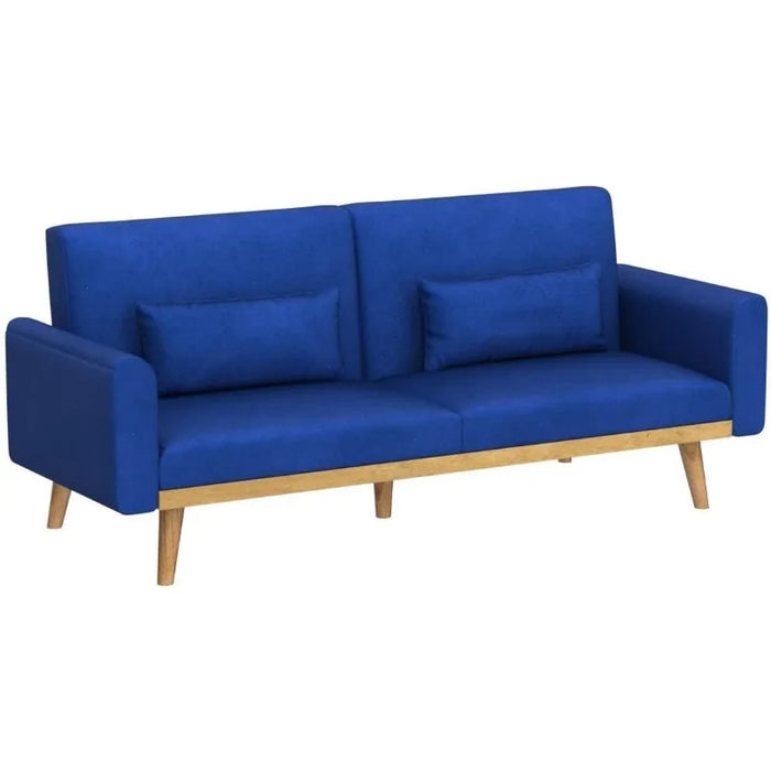 Futon Sofa Bed, Velvet Convertible Sofa Couch Sleeper with Wood Legs & 2 Pillows, Upholstered Loveseat for Small Spaces