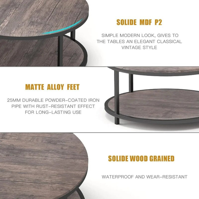 NSdirect NS Round, 36 inch Coffee Living Room,2-Tier Rustic Wood Desktop & Sturdy Metal Legs Table Modern Design Home Furniture