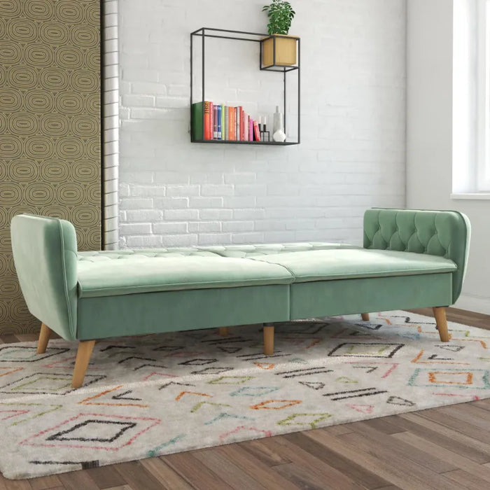 Novogratz Tallulah Memory Foam Futon and Sofa Bed, Light Green Velvet living room furniture  minimalist sofa