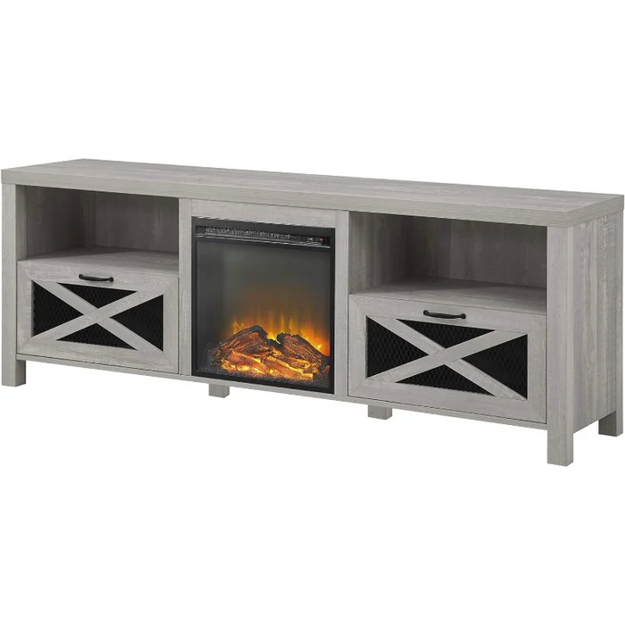 Walker Edison Calgary Industrial Farmhouse X-Drawer Metal Mesh and Wood Fireplace TV Stand for TVs up to 80 Inches, 70 Inch