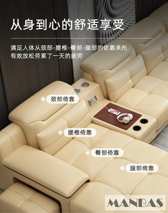 MINGDIBAO Modern Sectional Sofa Set with Cup Holder, USB, Adjustable Headrests & Bluetooth Speaker Living Room Couch with Stools