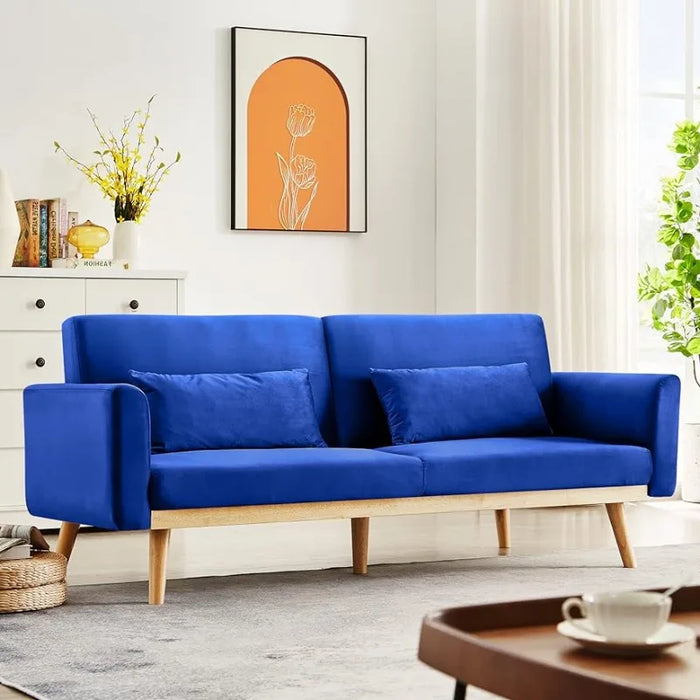 Futon Sofa Bed, Velvet Convertible Sofa Couch Sleeper with Wood Legs & 2 Pillows, Upholstered Loveseat for Small Spaces