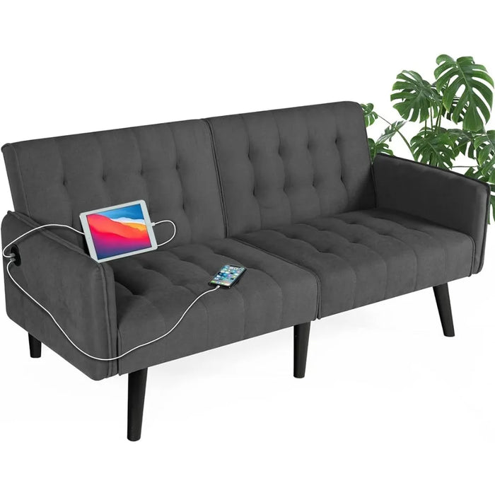 Sofa Bed with 2 USB, Tufted Foldable for Tight Small Spaces, Modern Fabric Linen Upholstered Foldable Futon Sofa Bed