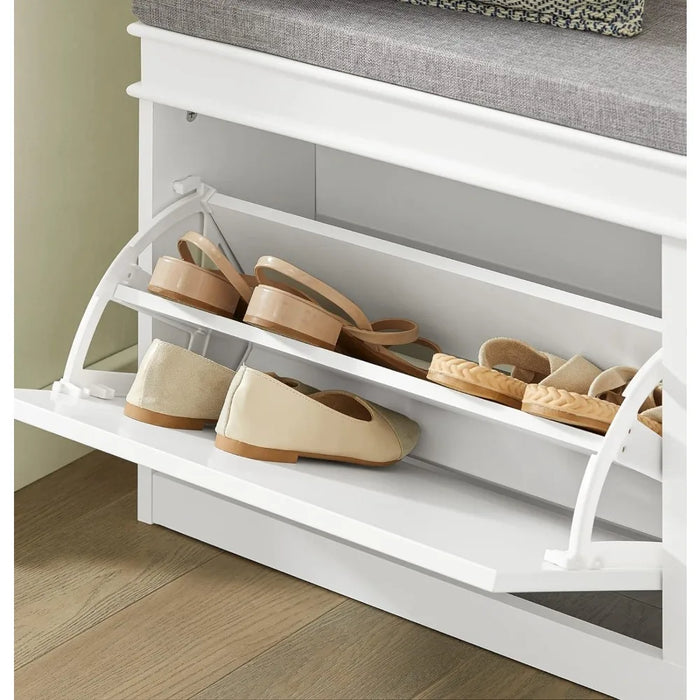 White Storage Bench with Drawers & Padded Seat Cushion, Hallway Bench Shoe Cabinet Shoe Bench, Seat Cushion is Removable